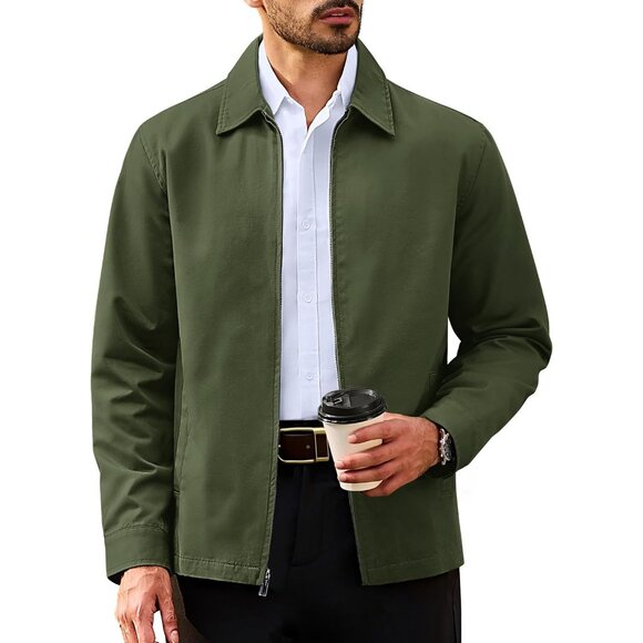 Other - Men's Zip Up Turndown Collar Casual 3 Pockets Green Cotton Lightweight Jacket